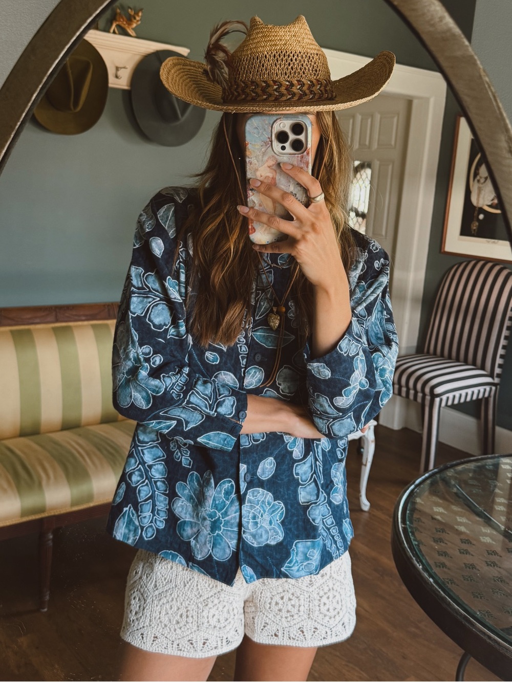 Navy blue tropical Floral Button-Front Blouse linen sz small